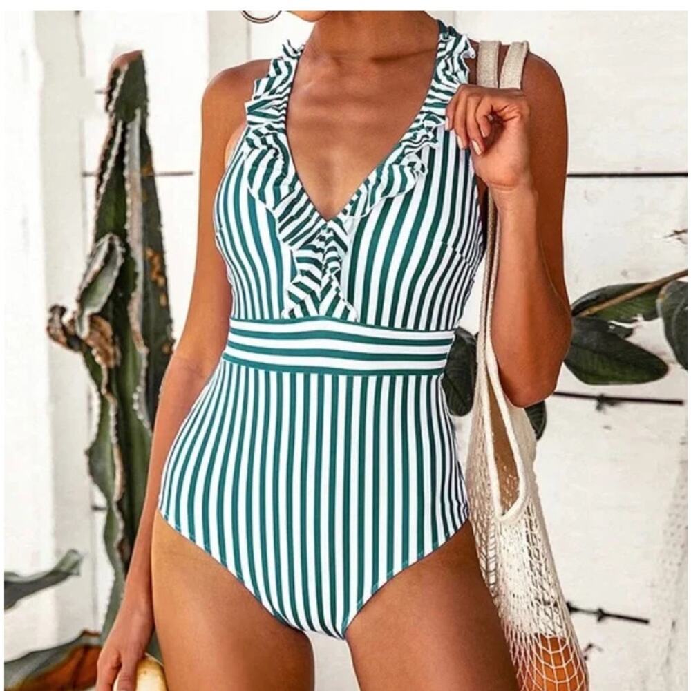 Cupshe Size XXL Green White Stripe Ruffle One Piece Swimsuit Nautical Sailor NWT